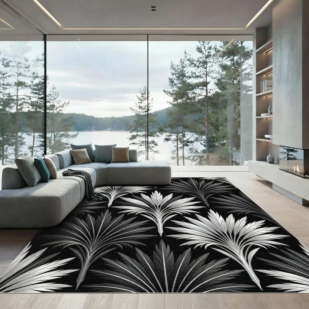 Monochrome Art Deco Fan Leaf Rug