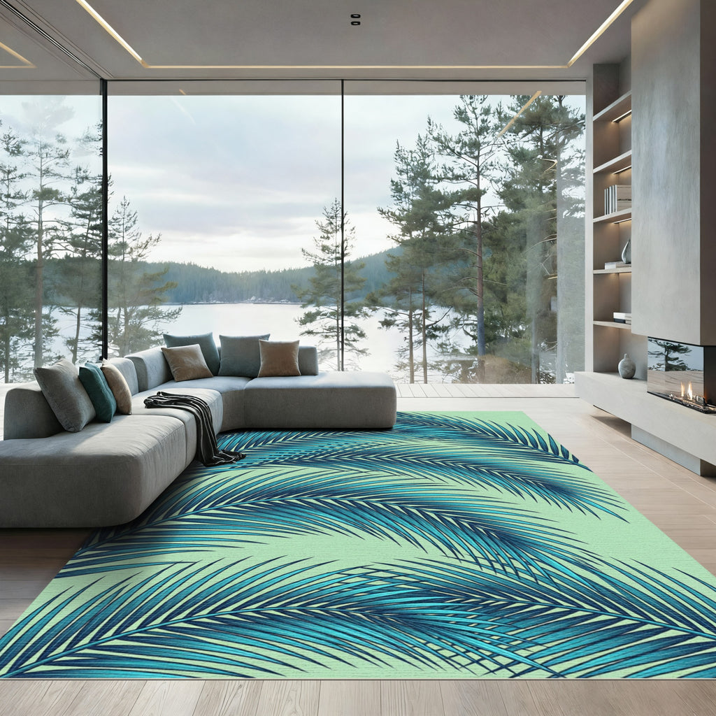 Lush Teal Tropical Palm Frond Leaves Rug