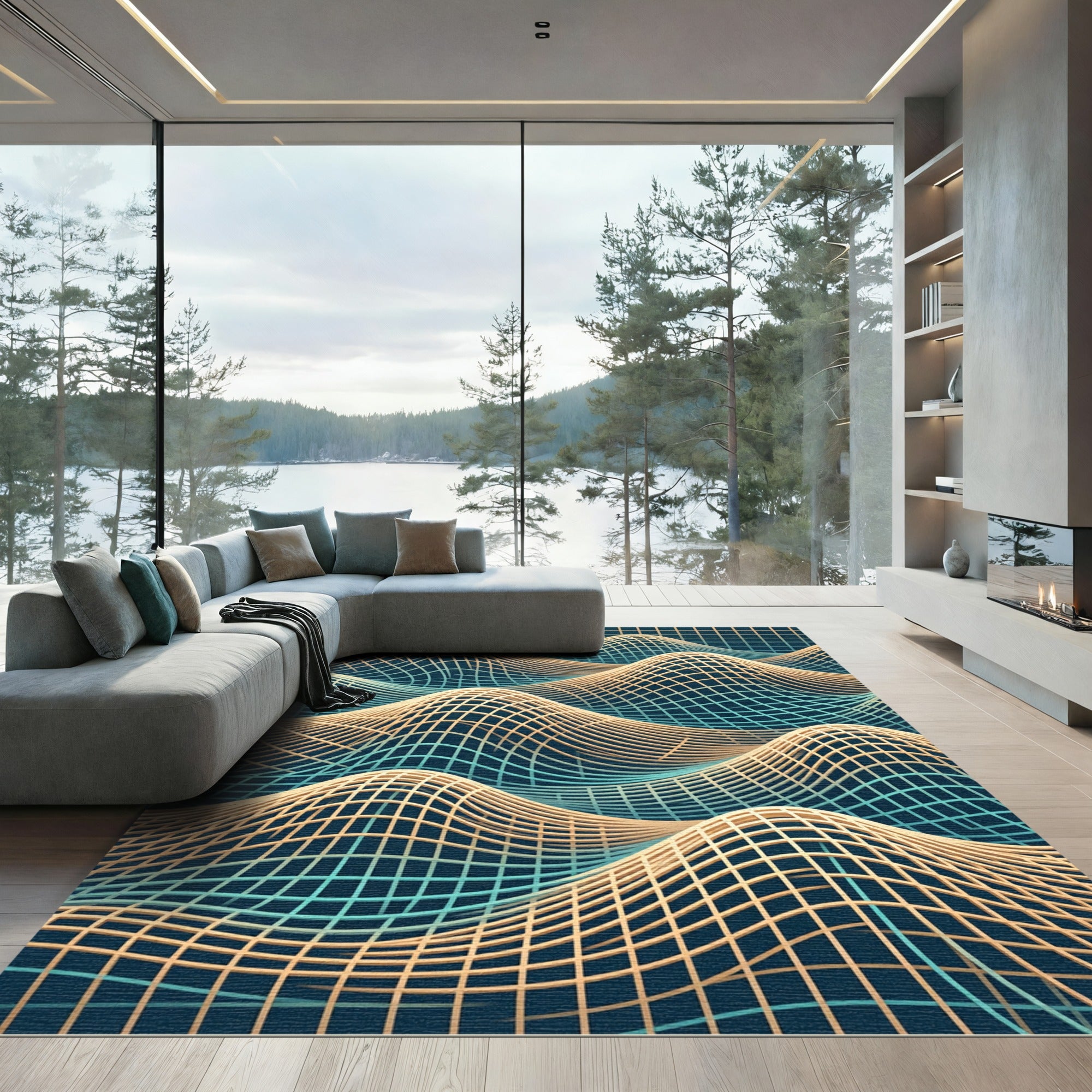 Modern Gold and Teal Wavy Grid Rug