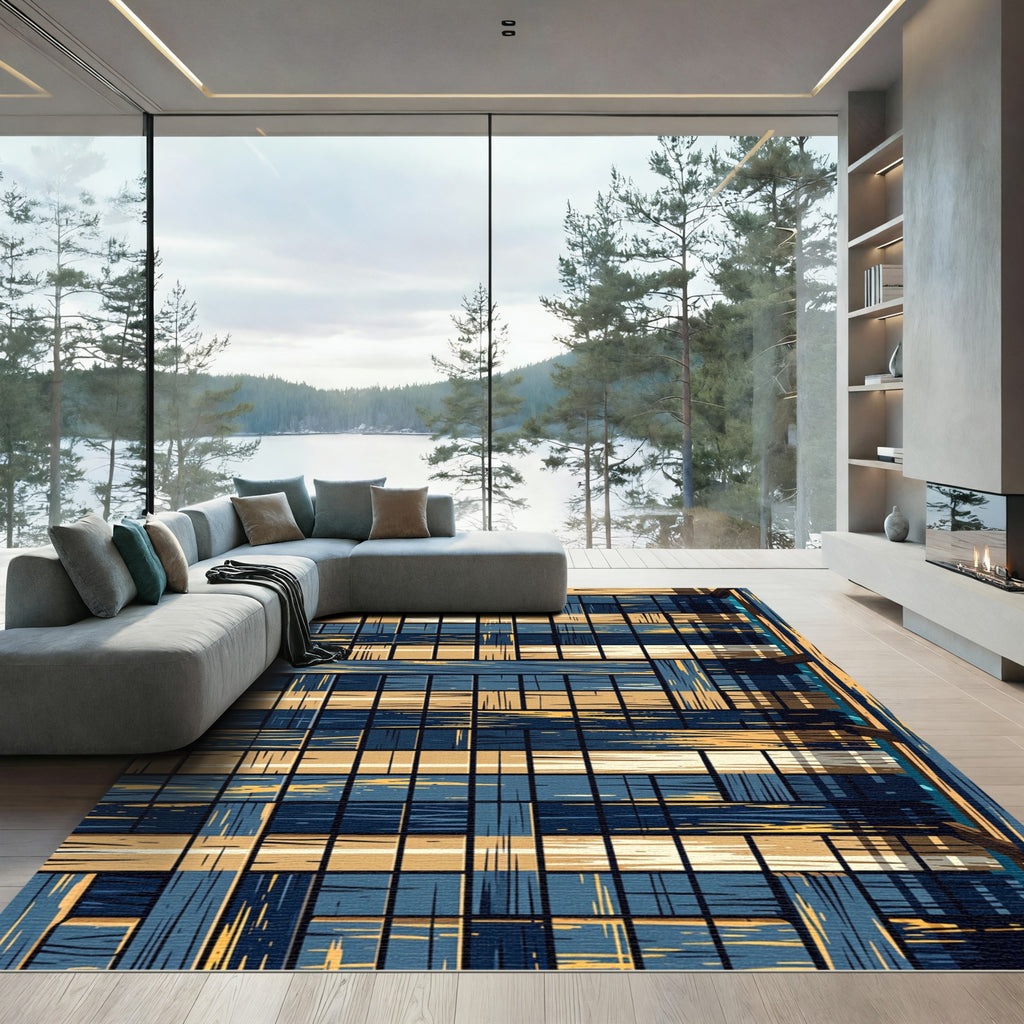 Navy and Gold Slatted Geometric Grid Rug