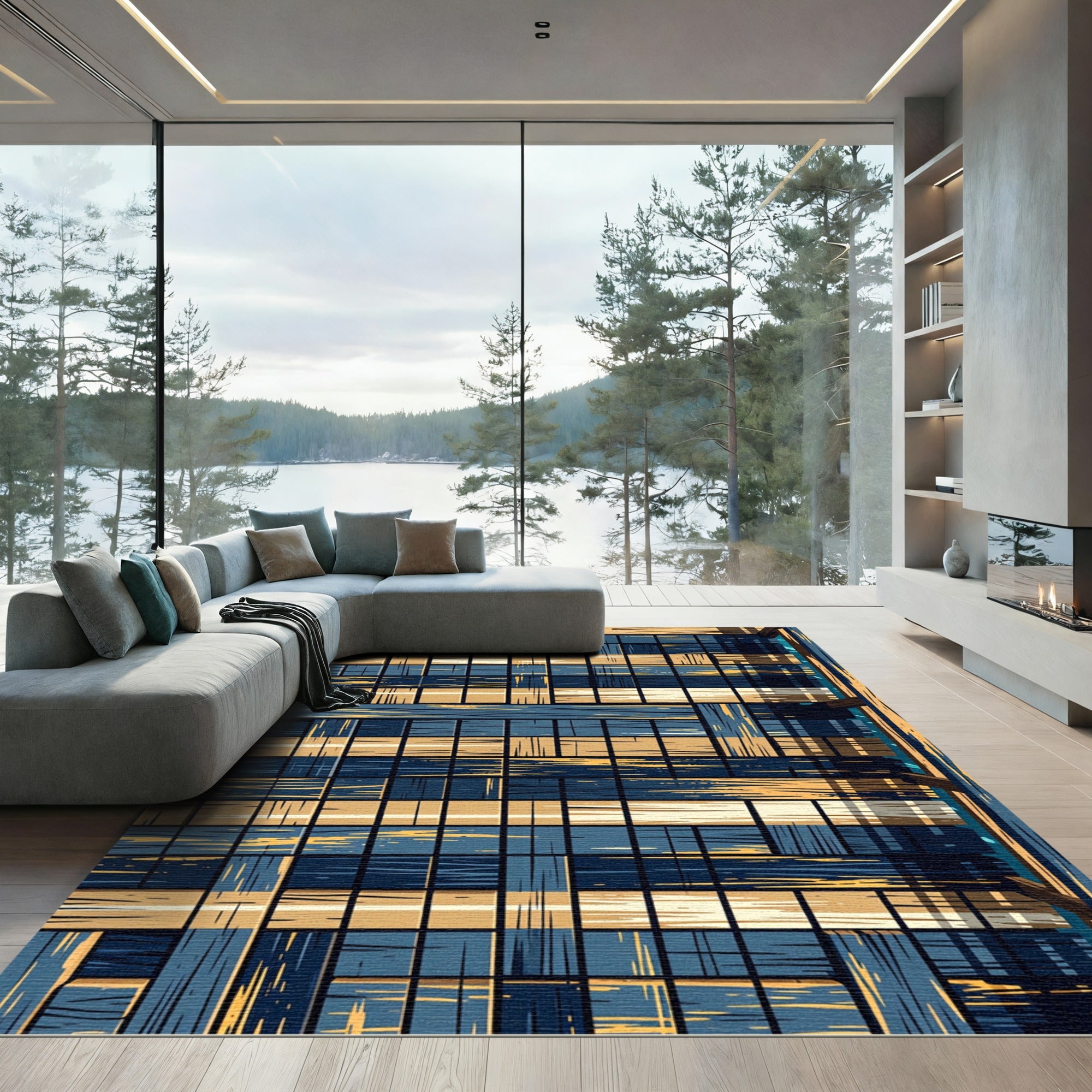 Navy and Gold Slatted Geometric Grid Rug