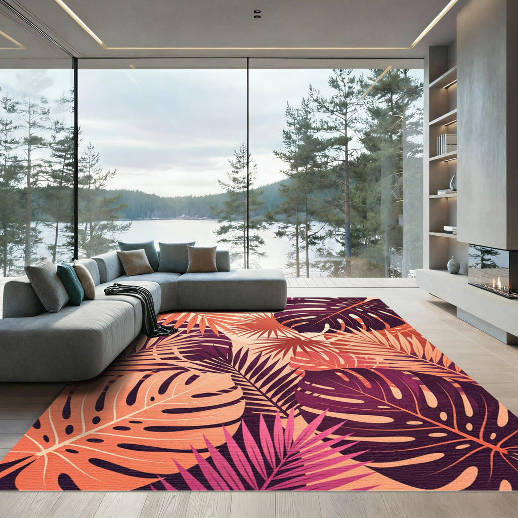 Vibrant Coral Tropical Leaf Collage Rug
