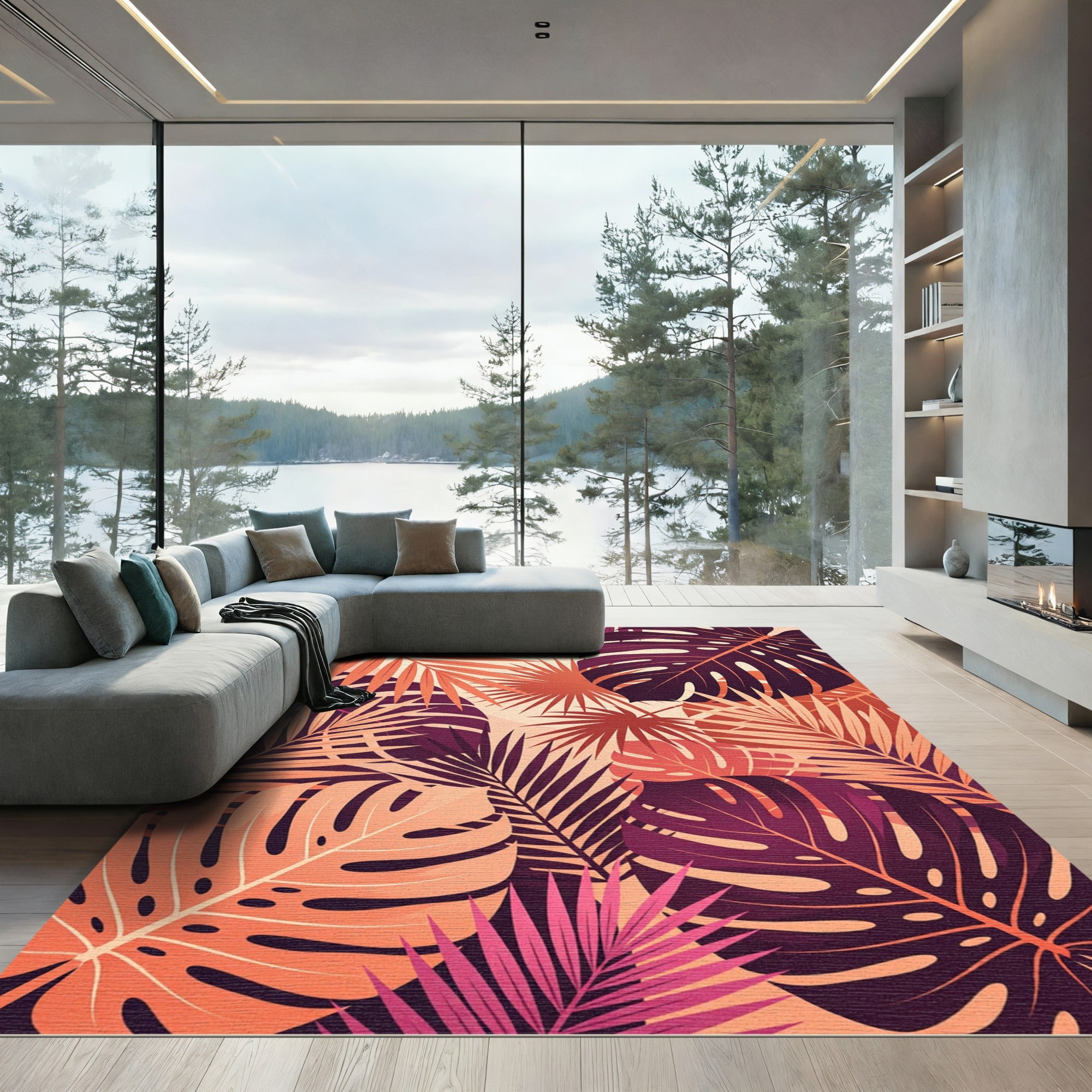 Vibrant Coral Tropical Leaf Collage Rug