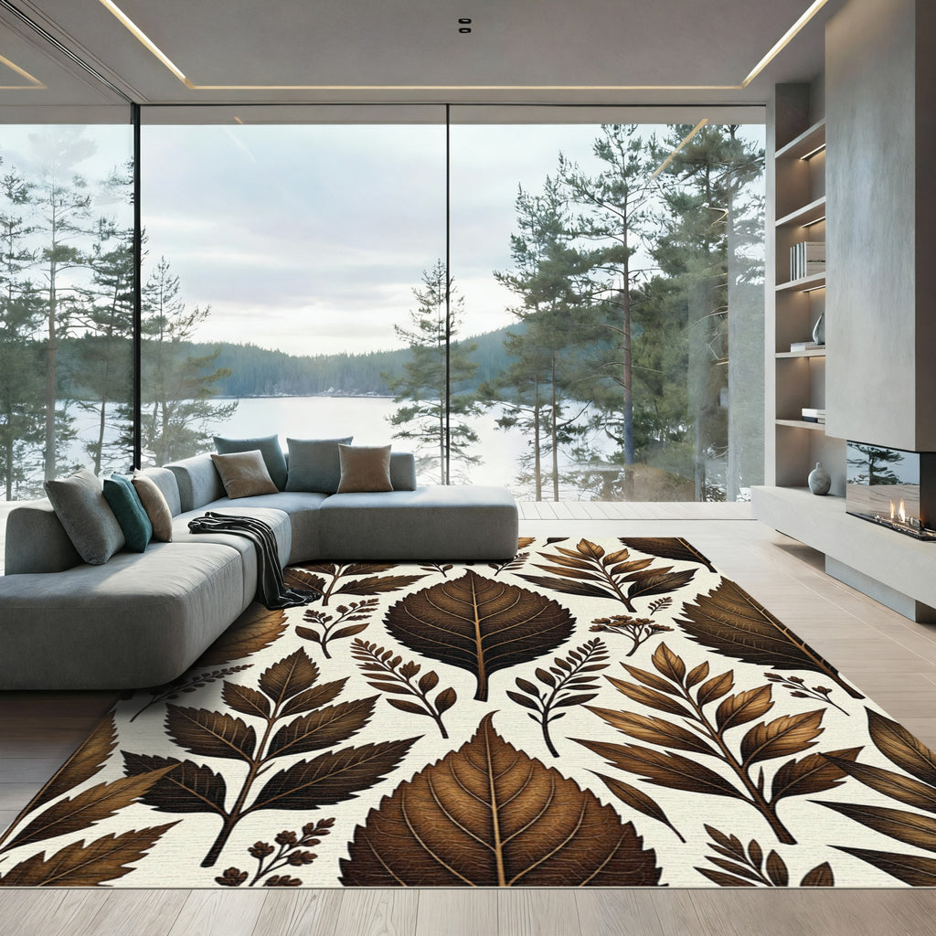 Rich Brown Autumn Leaf Botanical Rug