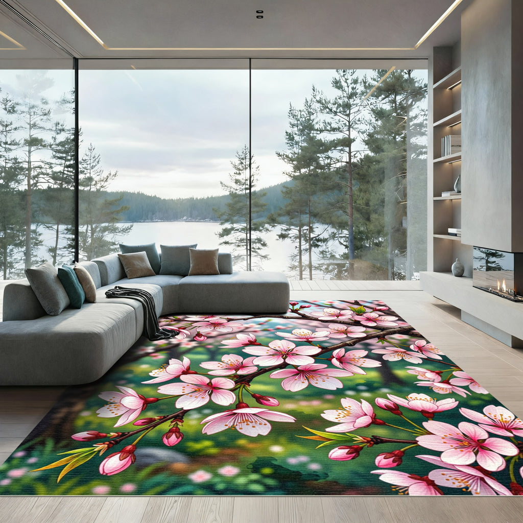 Elegant Pink Cherry Blossom Branch Rug