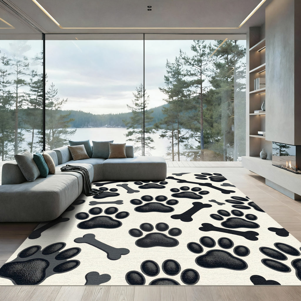 Charcoal Paw Print and Bone Illustration Rug