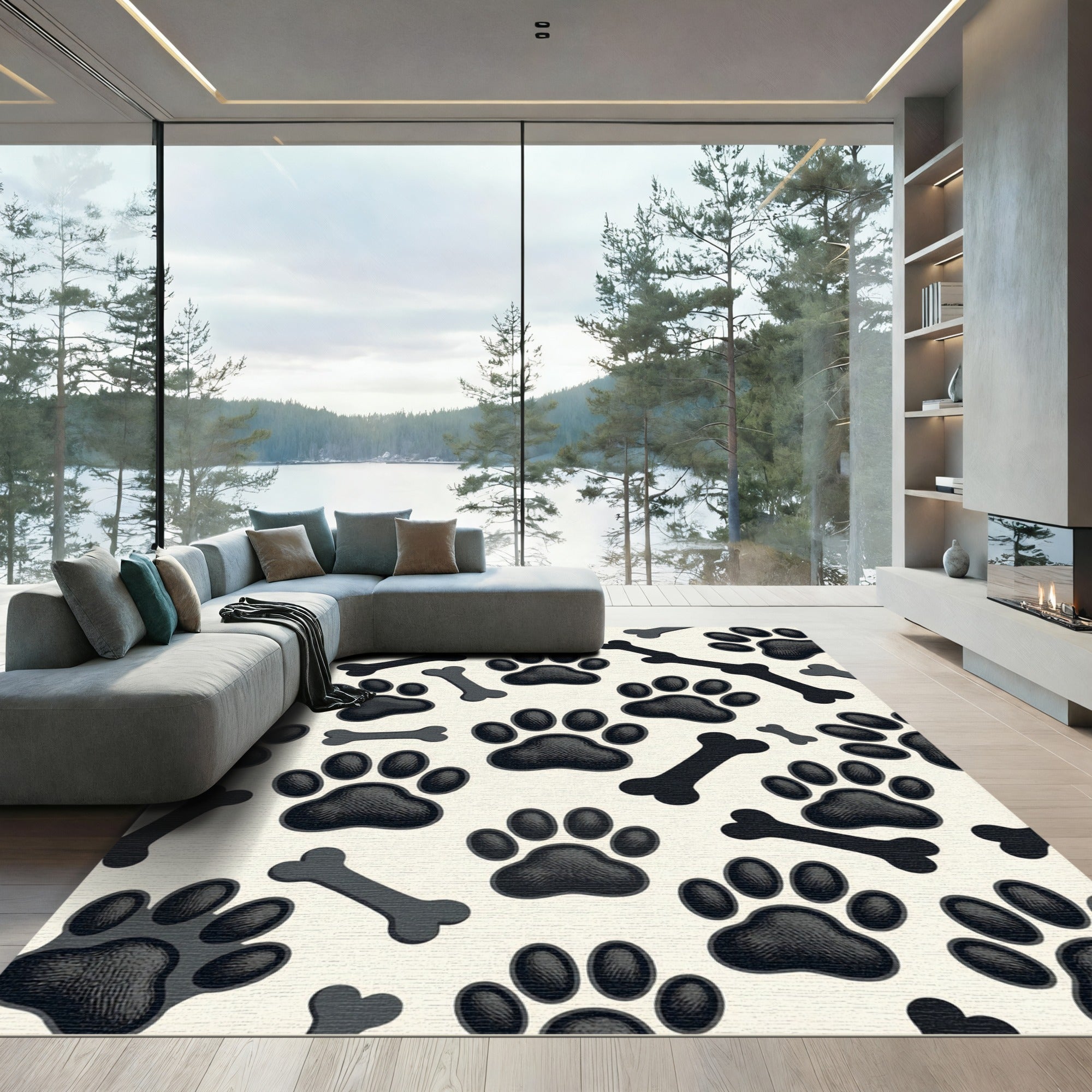 Charcoal Paw Print and Bone Illustration Rug