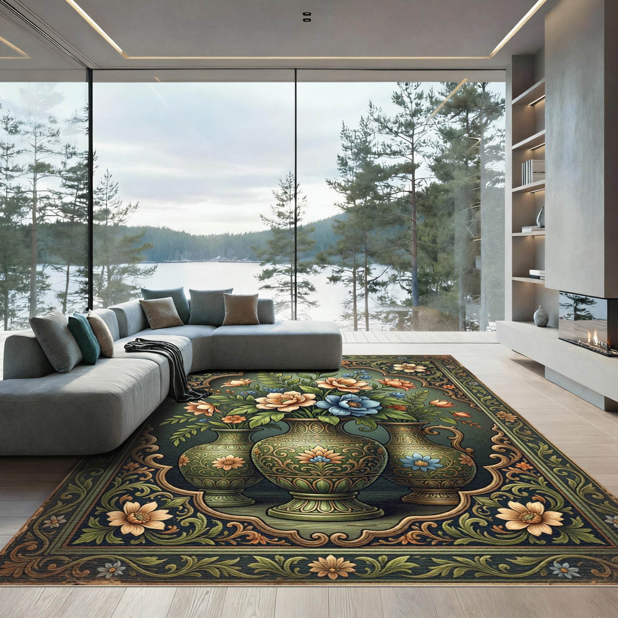Vintage Floral Green Ornate Vase Art Rug