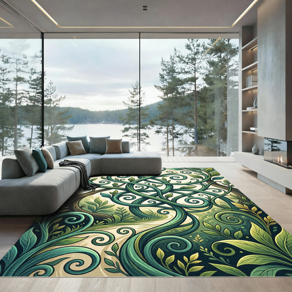 Enchanted Emerald Swirling Vine Forest Rug
