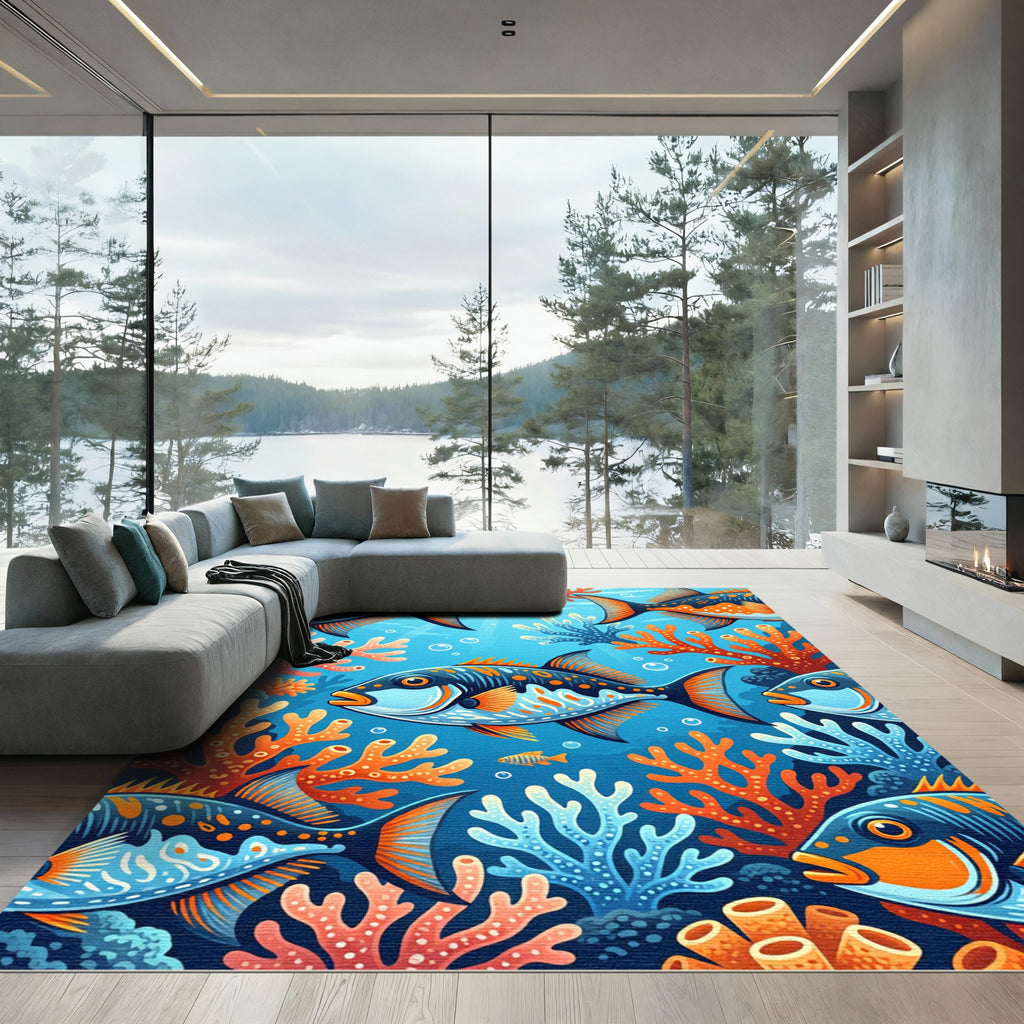 Vibrant Blue Coral Reef Fish Scene Rug