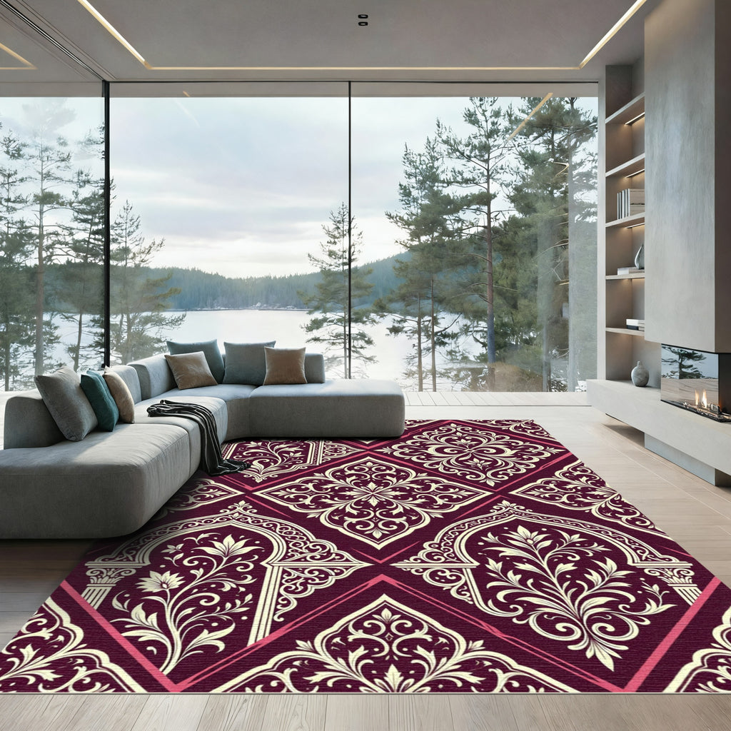 Damask Burgundy Cream Ornate Geometric Lattice Rug