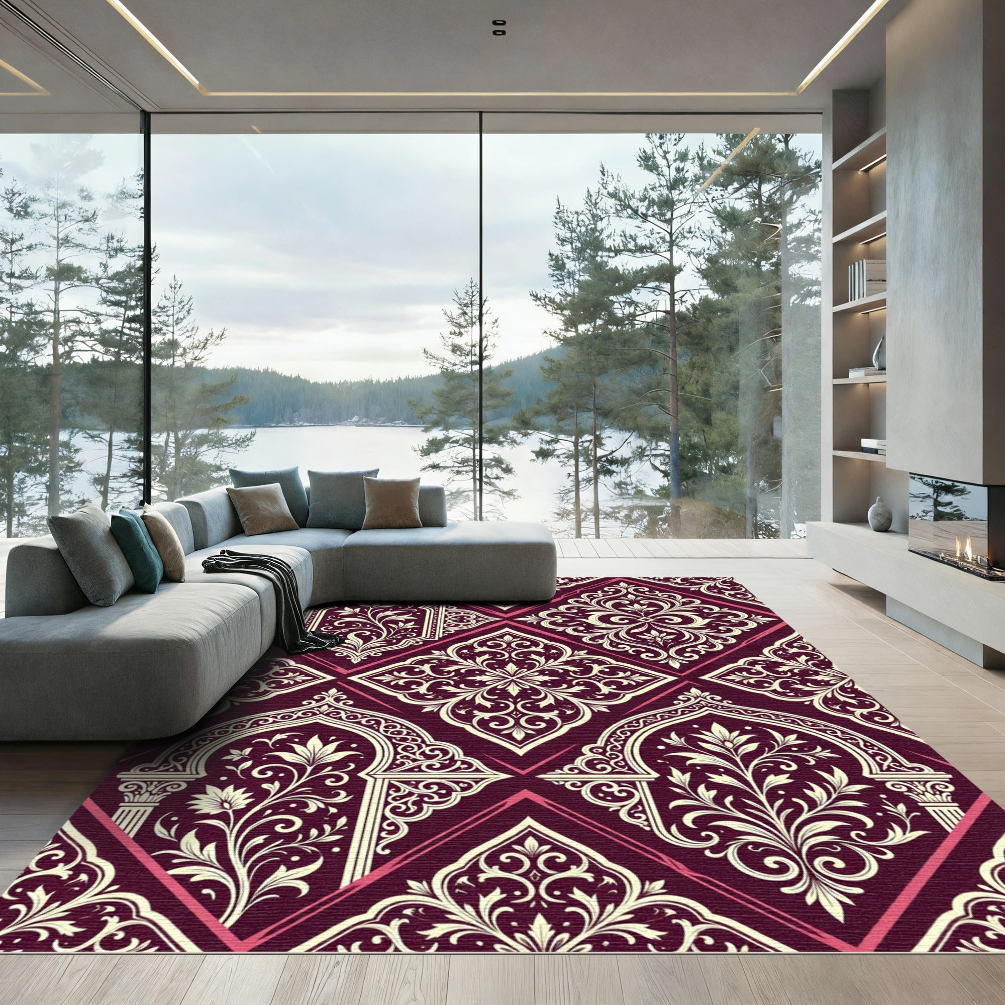 Damask Burgundy Cream Ornate Geometric Lattice Rug