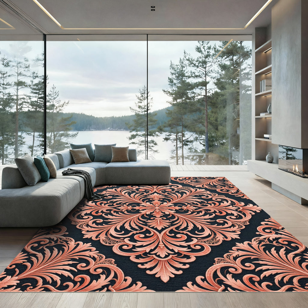 Blush Coral Ornate Damask Medallion Rug