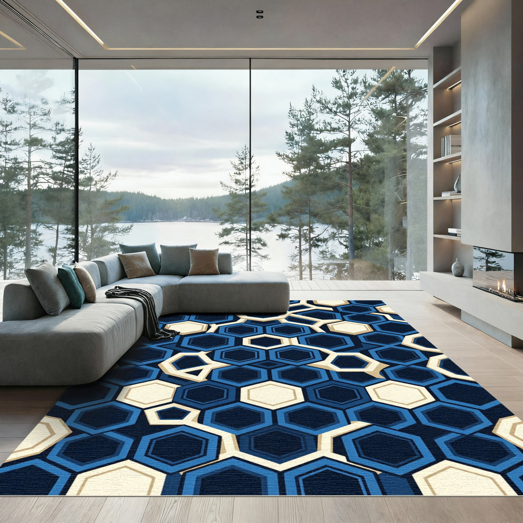 Modern Navy Blue Geometric Honeycomb Rug