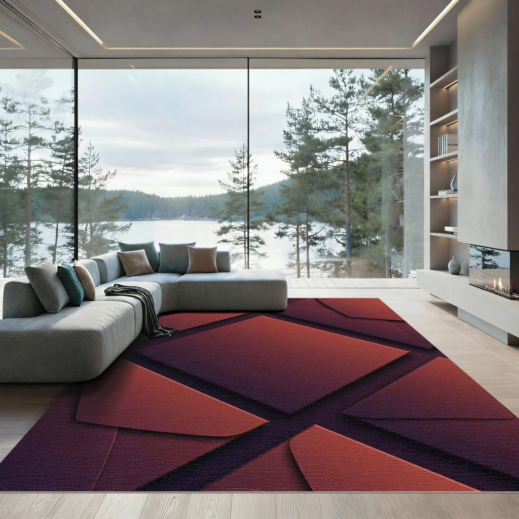 Deep Rose Gradient Geometric Squares Rug