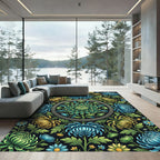Radiant Blue and Gold Chrysanthemum Medallion Rug
