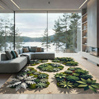 Lush Green White Tropical Foliage Rug
