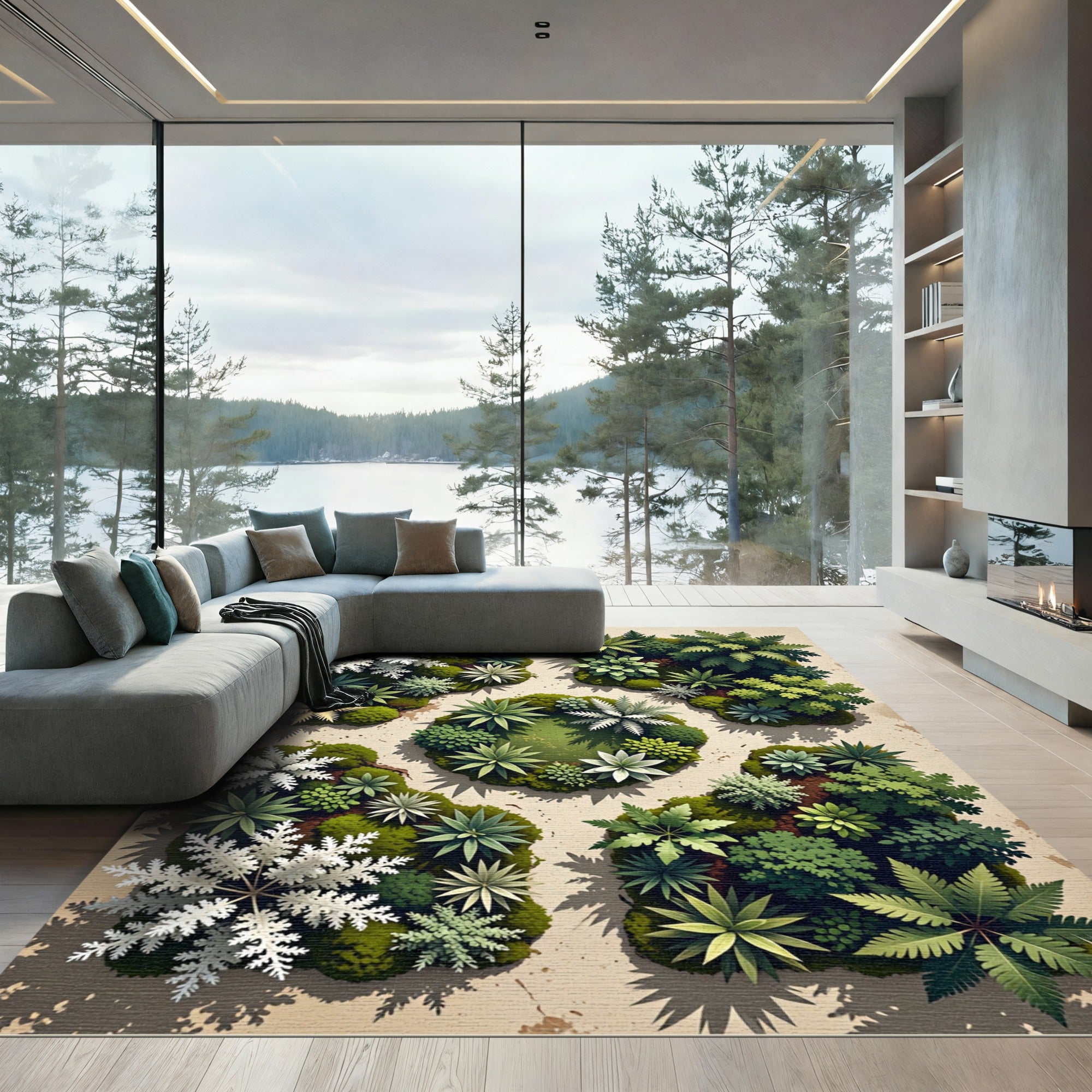 Lush Green White Tropical Foliage Rug