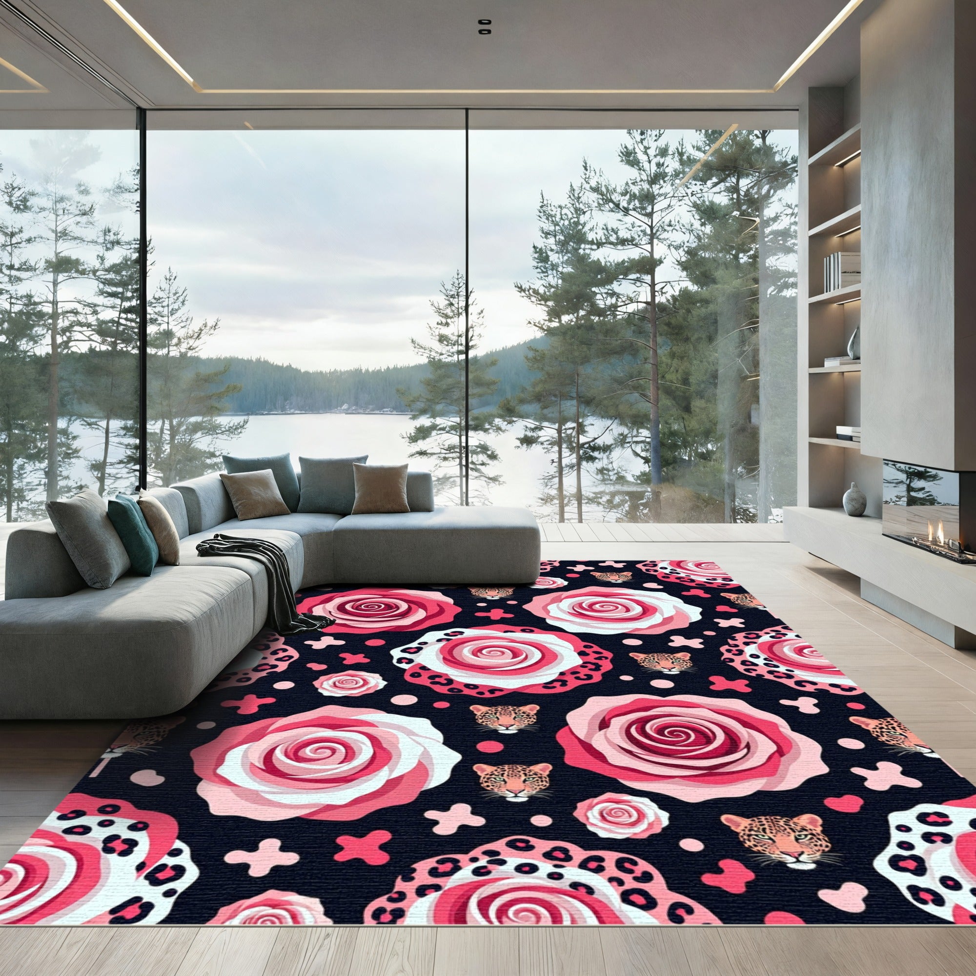 Pink Leopard Roses and Wild Cat Rug
