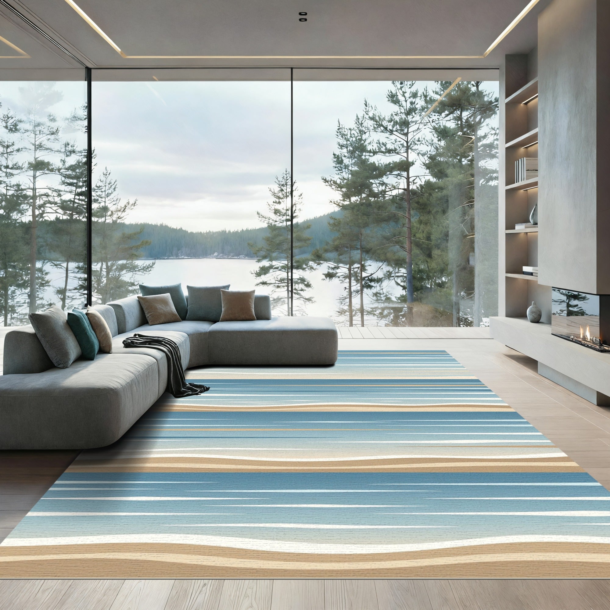 Coastal Blue Sand Layered Abstract Wave Rug