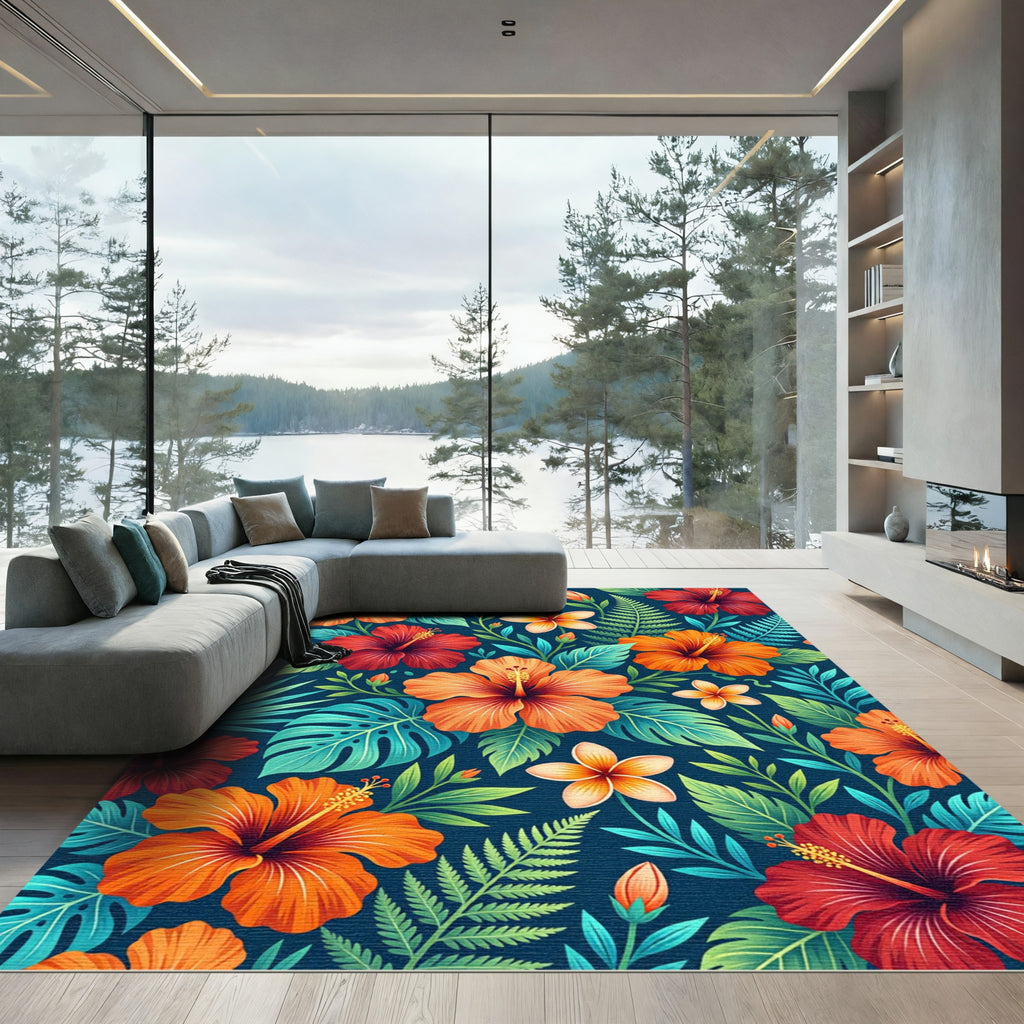 Vibrant Tropical Hibiscus Floral Botanical Rug