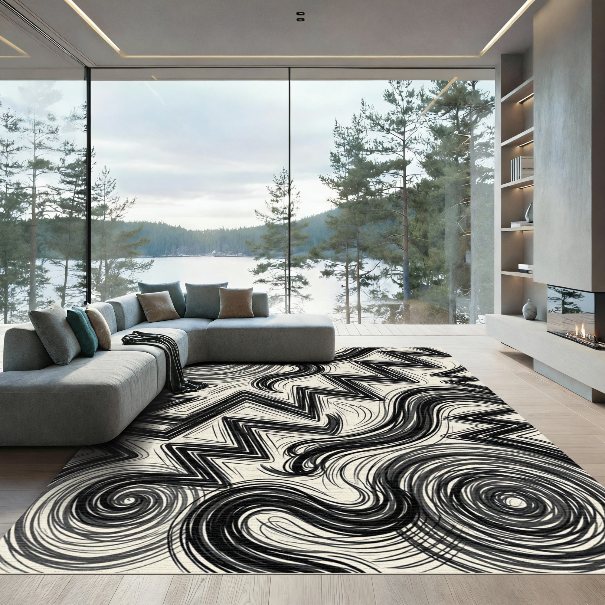 Monochromatic Abstract Zigzag And Swirl Art Rug