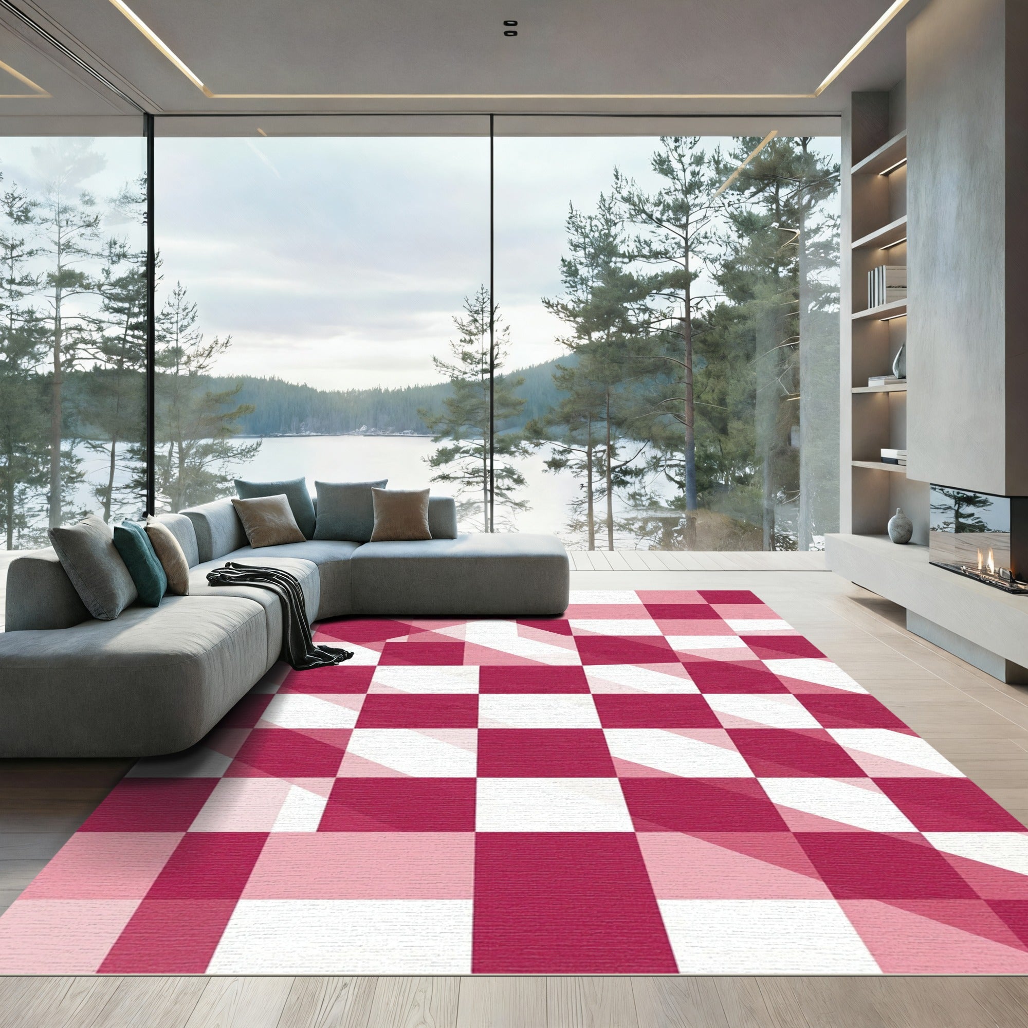 Crimson White Interlocking Squares Rug