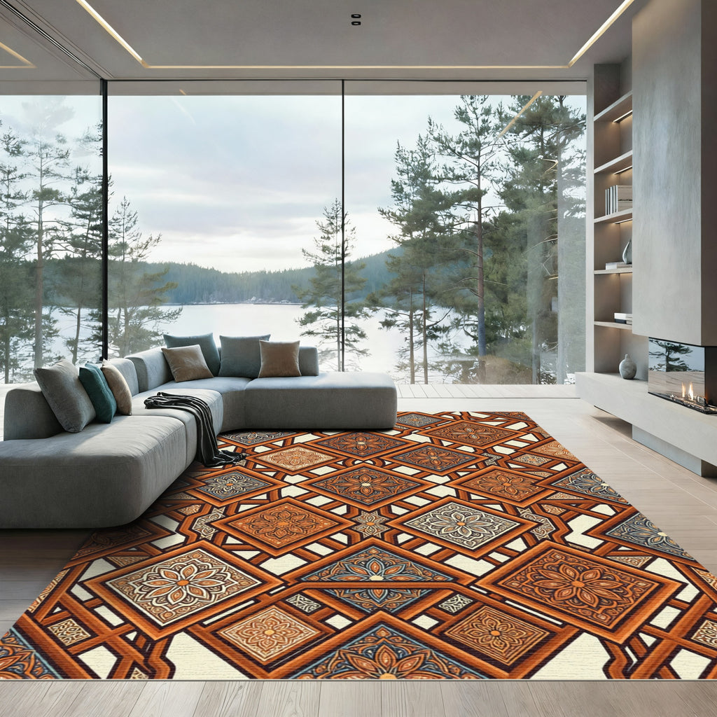 Earthy Terracotta Geometric Floral Lattice Rug