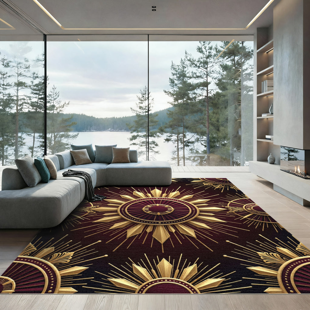 Luxurious Golden Sunburst Crimson Medallion Rug