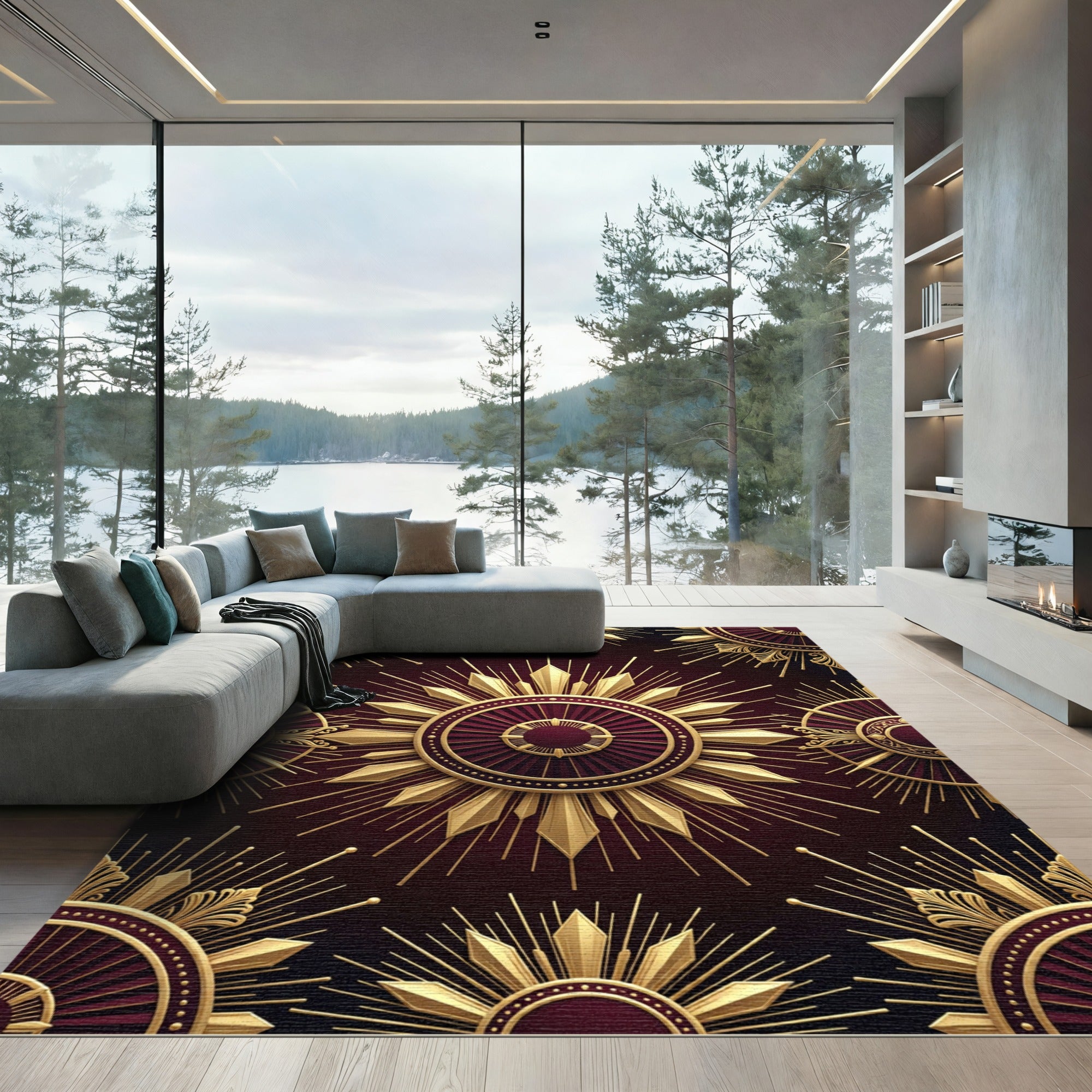 Luxurious Golden Sunburst Crimson Medallion Rug