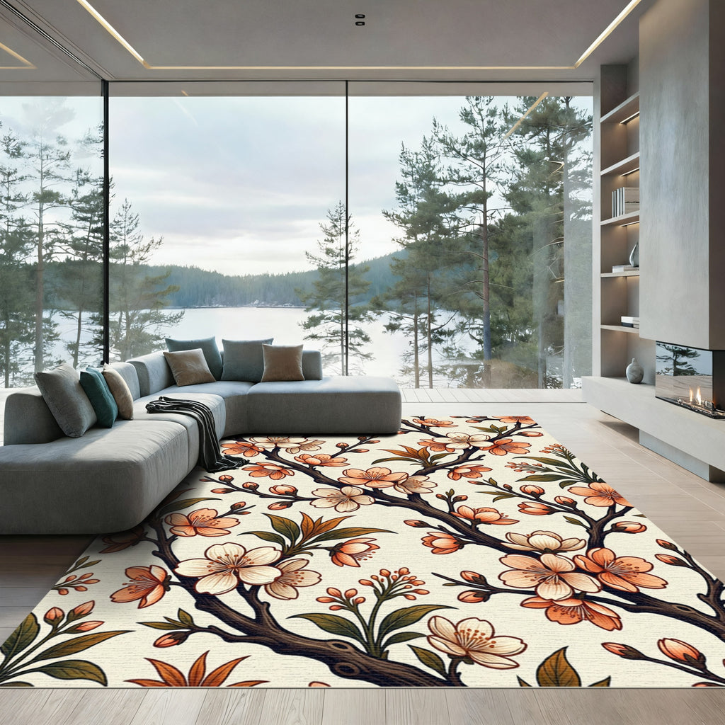 Coral Blossoms On Dark Branches Rug