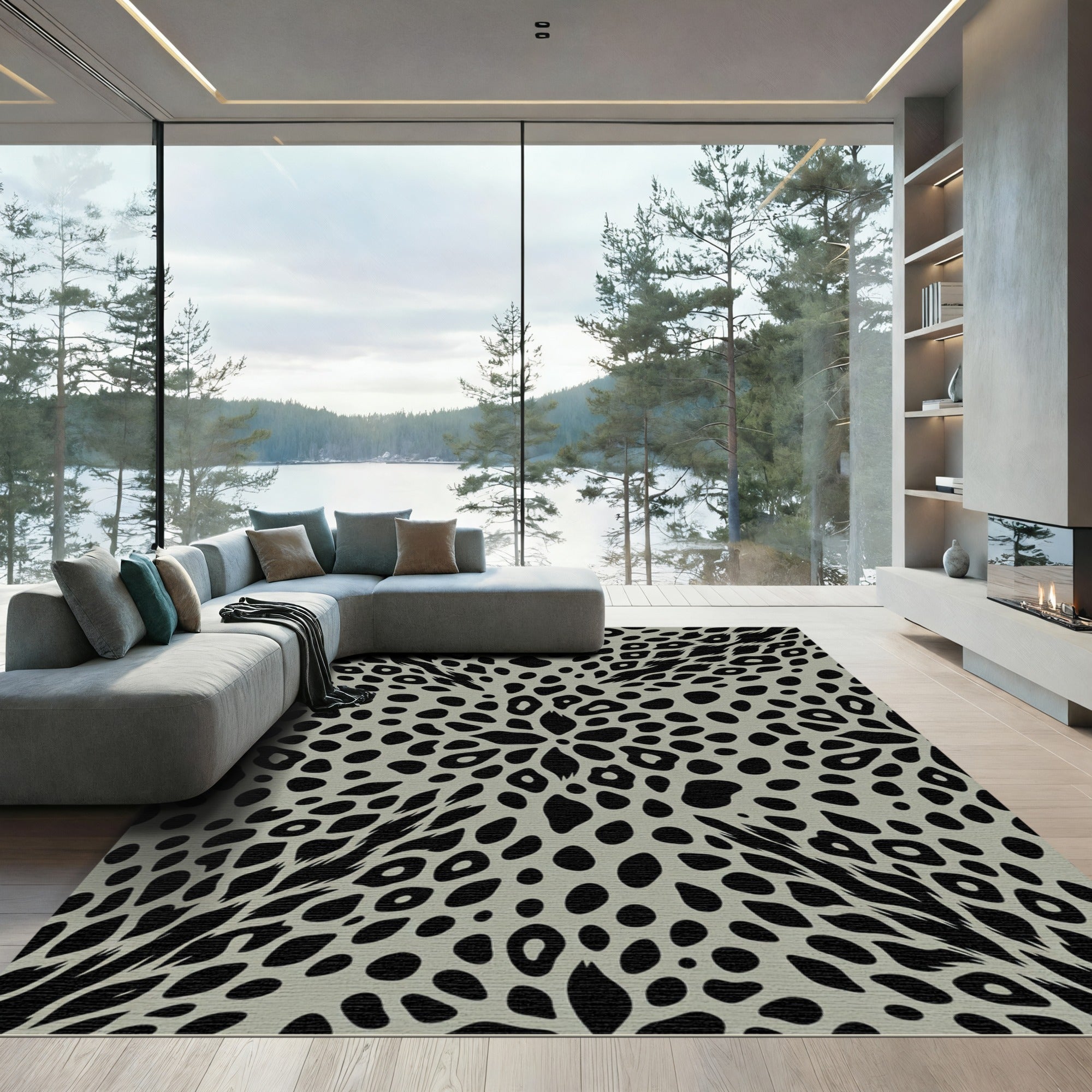Gray Black Animal Spots Medallion Rug
