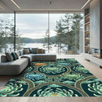 Teal Golden Chrysanthemum Floral Medallion Rug