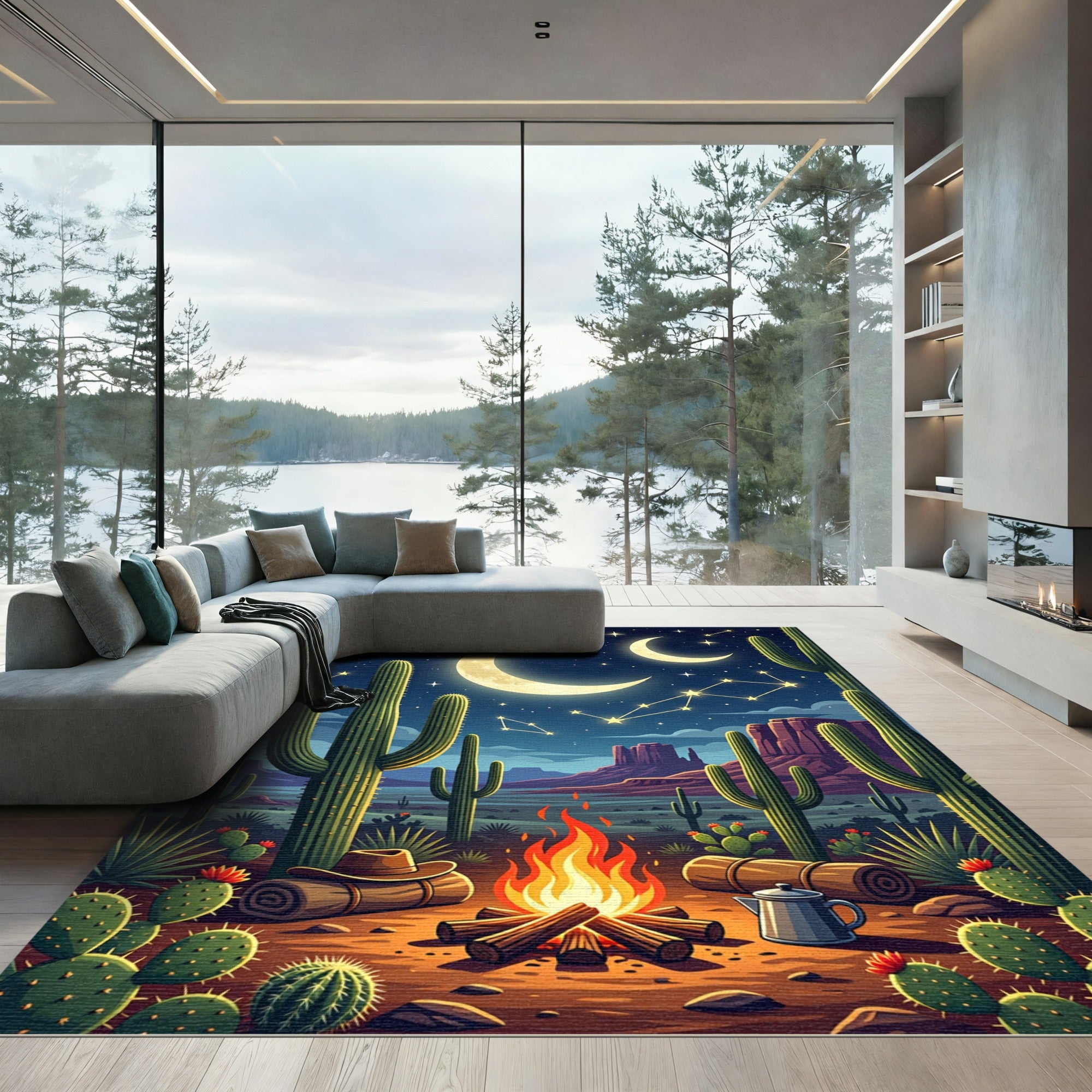 Cosmic Desert Moonlit Night Cactus Rug