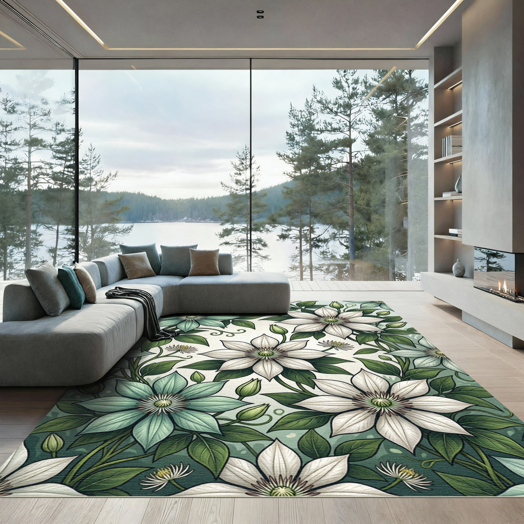 Ethereal Clematis Botanical Sage White Floral Rug