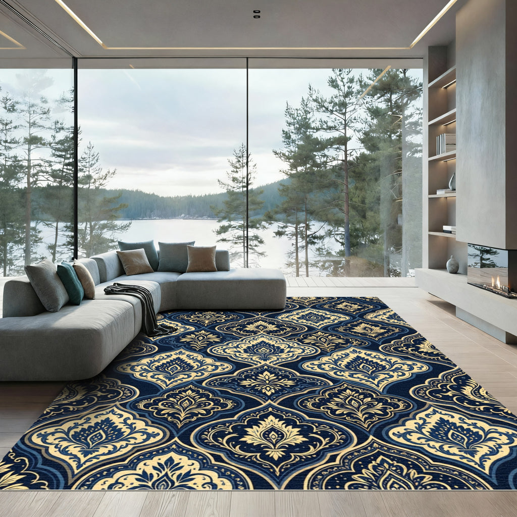 Elegant Navy Gold Ornate Damask Rug
