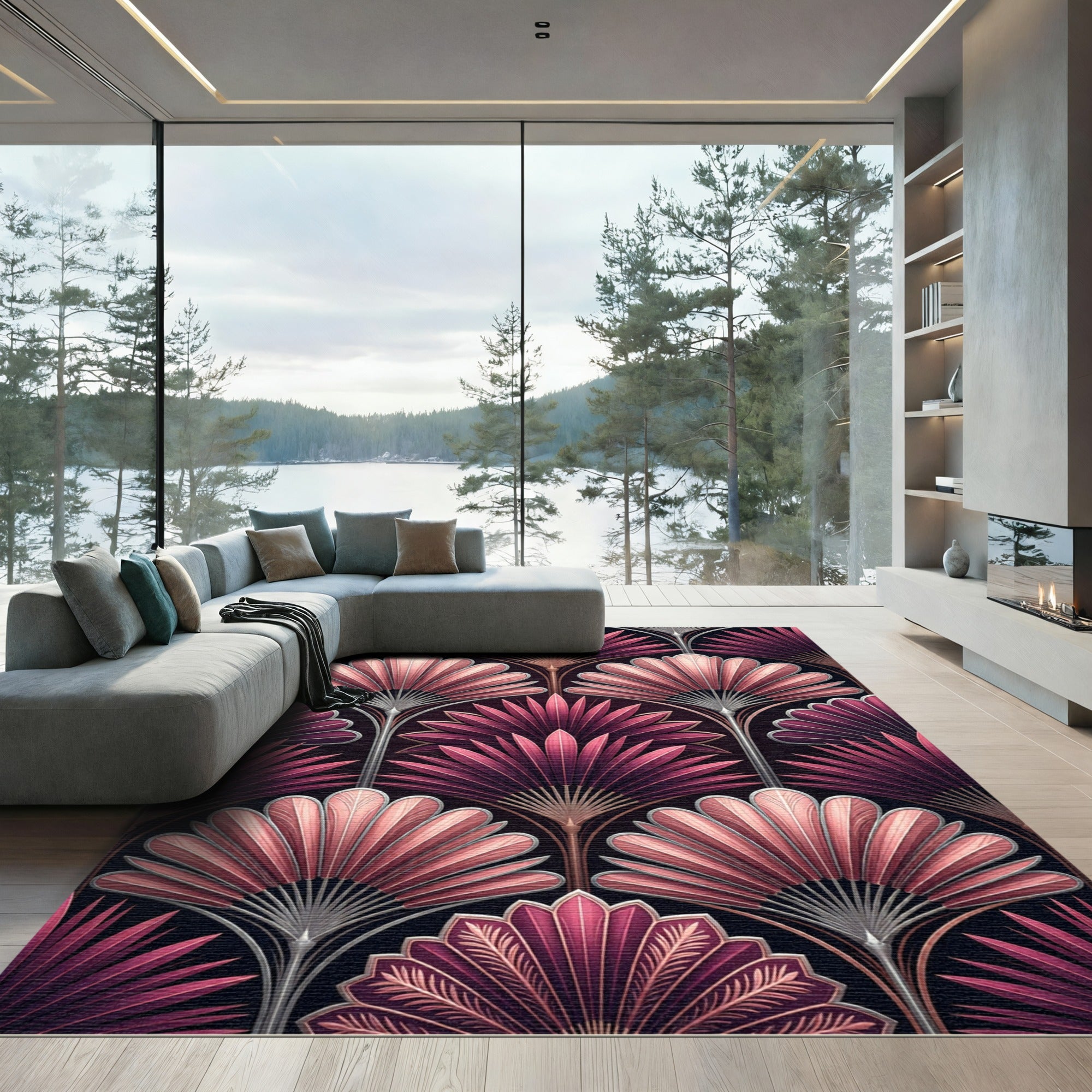 Deep Pink Fan Palm Art Deco Rug