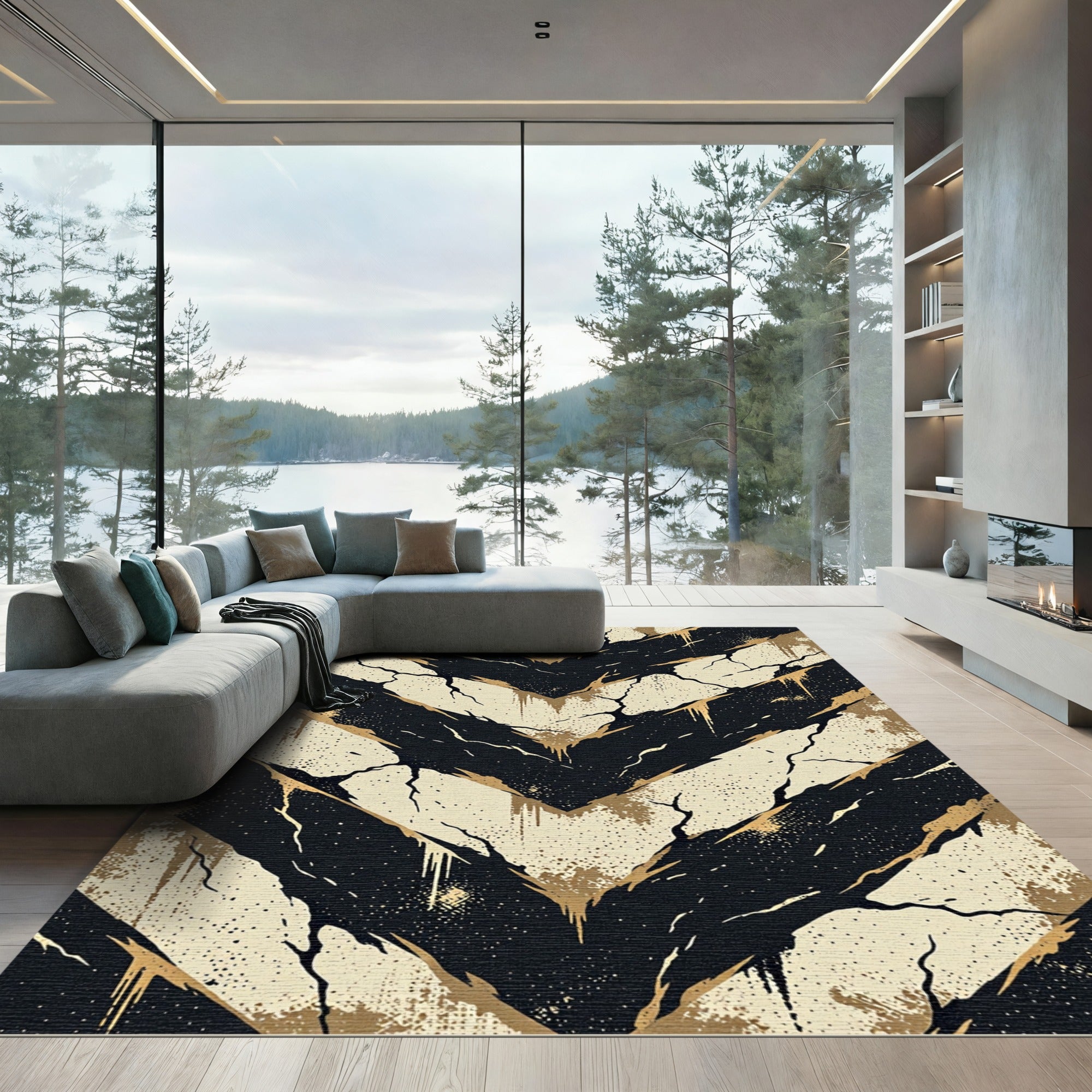 Black and Beige Distressed Chevron Rug