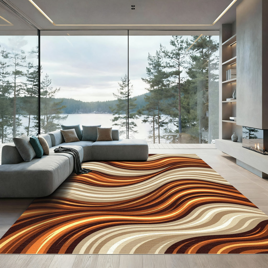 Abstract Golden Amber Wavy Stream Rug
