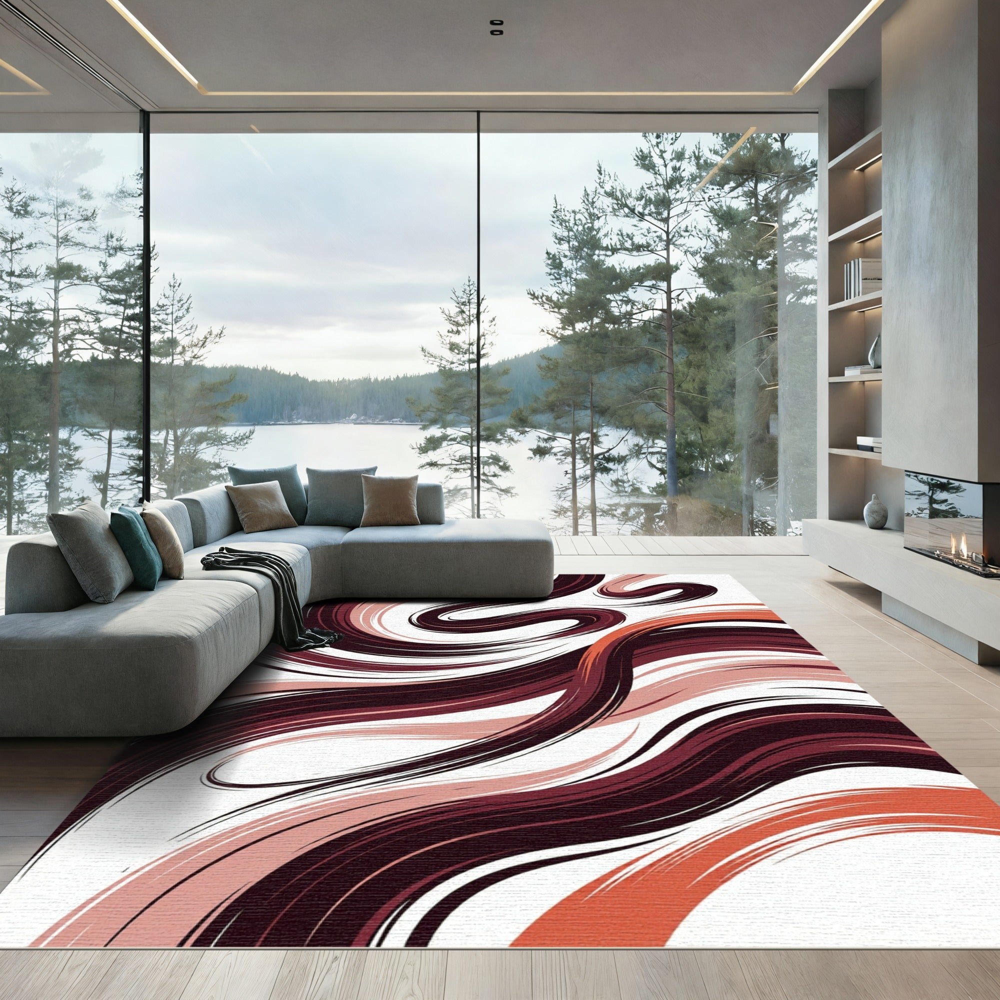 Crimson Peach Abstract Swirl Rug