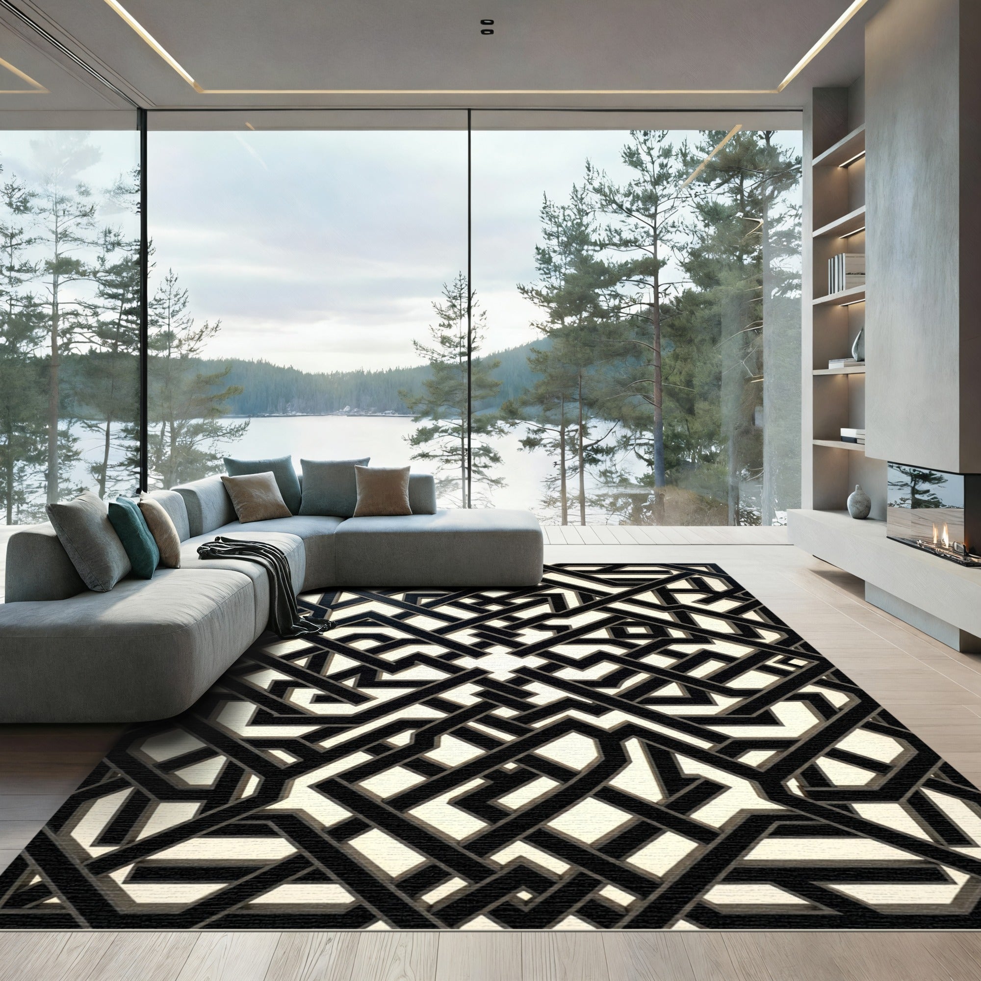 Black Monochrome Geometric Interlocking Grid Rug