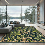 Elegant Sage Green Golden Baroque Scroll Rug