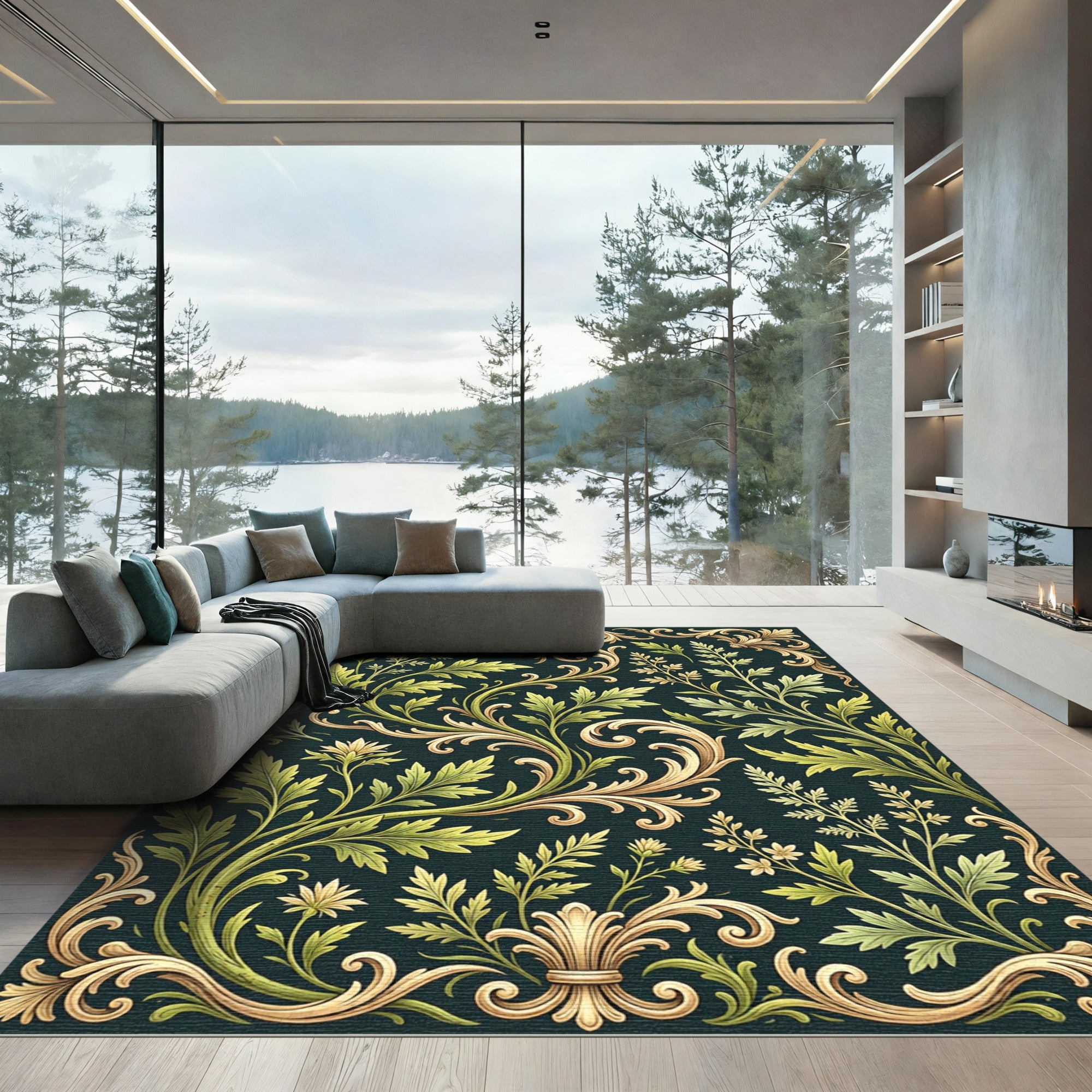 Elegant Sage Green Golden Baroque Scroll Rug