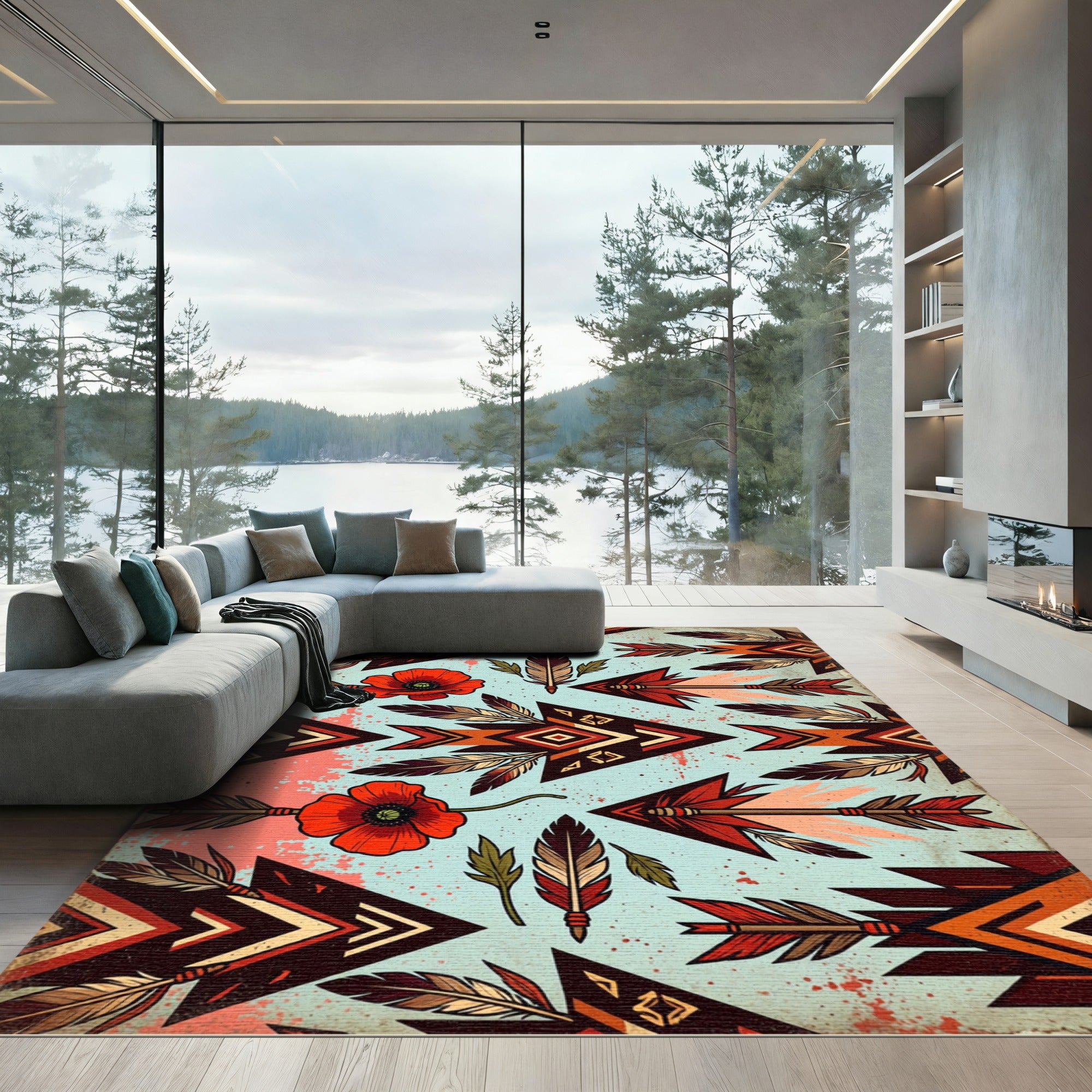 Earthy Tribal Arrow Poppy Feather Accent Rug