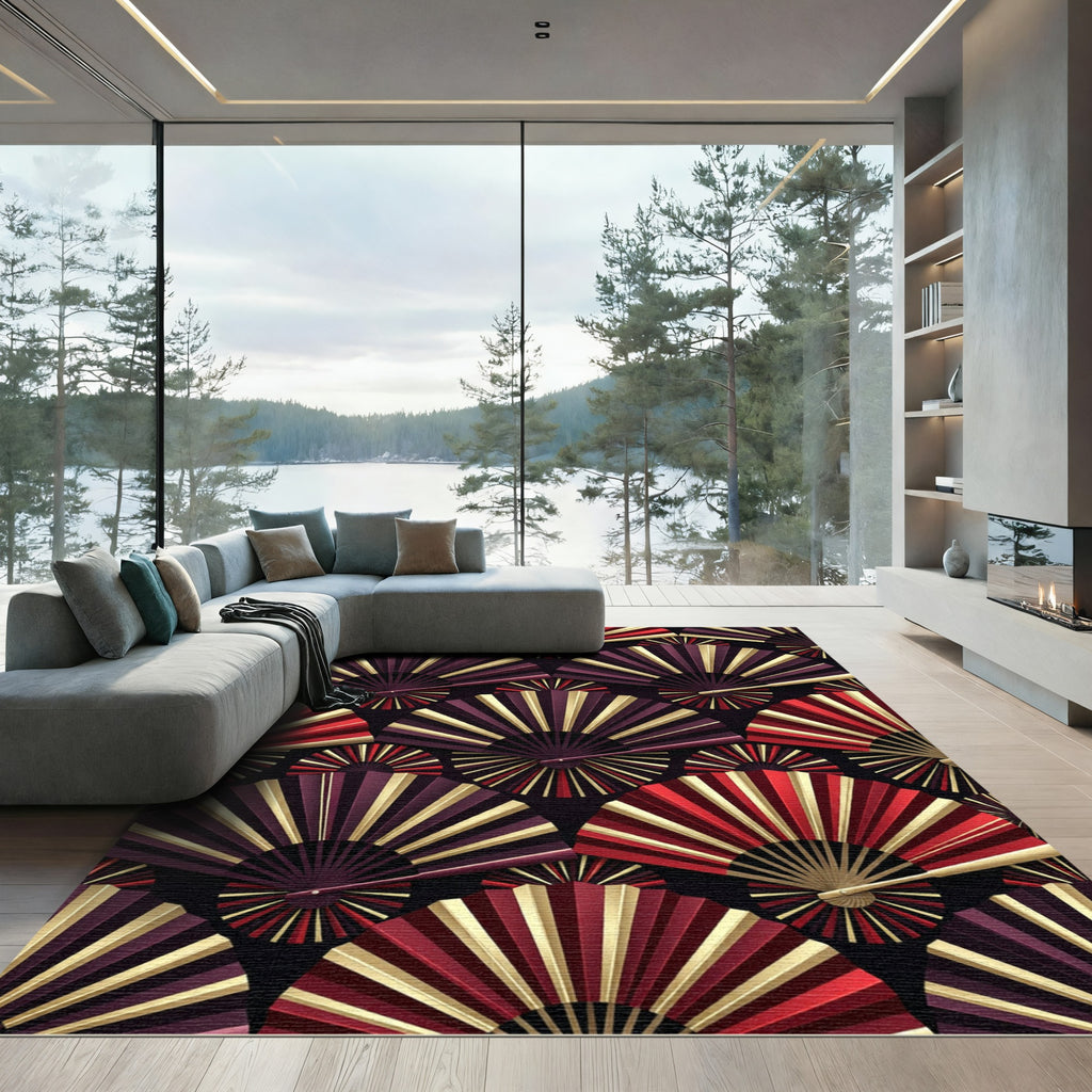 Geometric Fan Crimson and Gold Rug