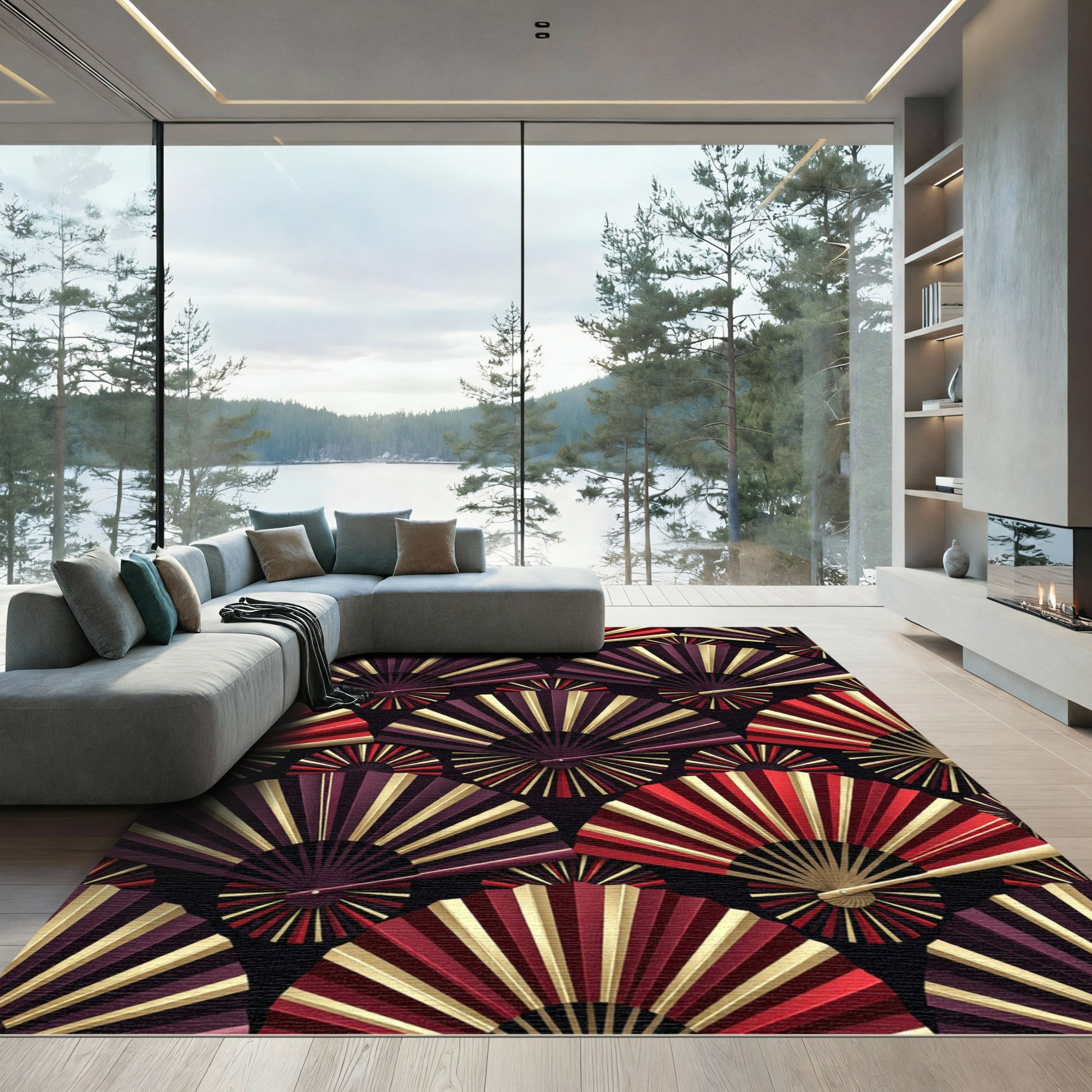 Geometric Fan Crimson and Gold Rug
