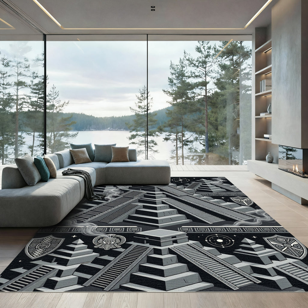 Monochrome Aztec Pyramid Celestial Geometry Rug
