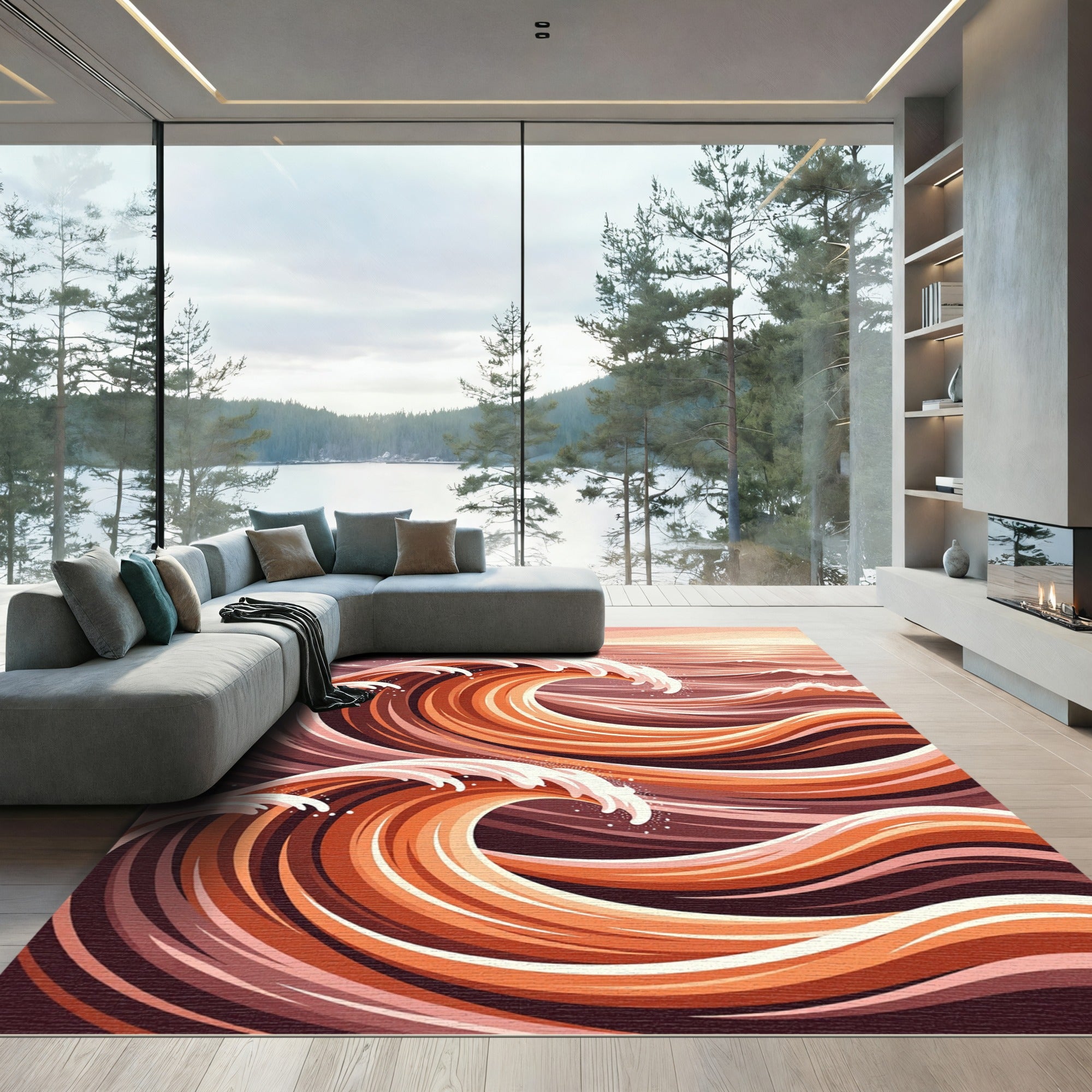 Crimson Orange Abstract Swirling Ocean Waves Rug