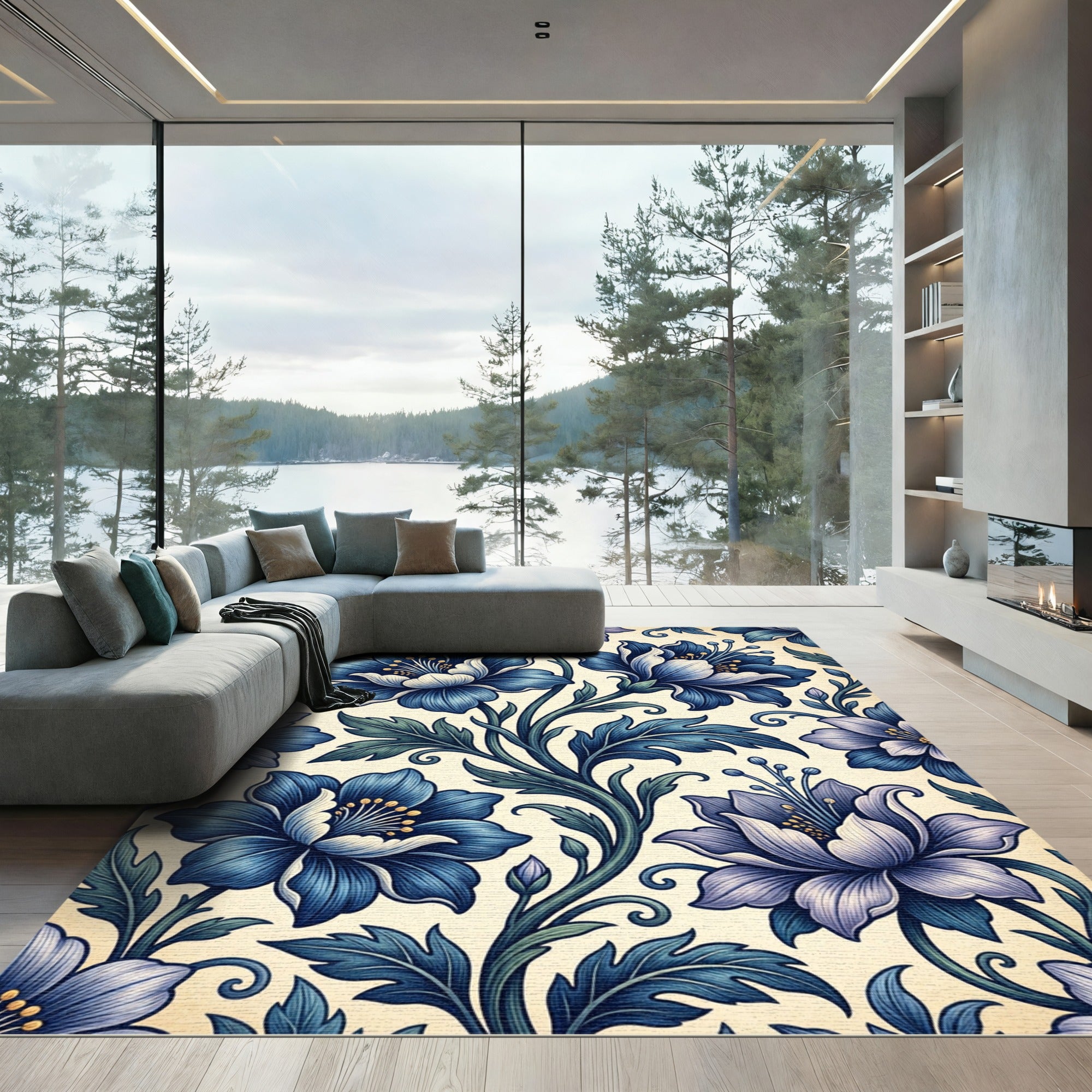 Elegant Indigo Floral Scroll Botanical Rug