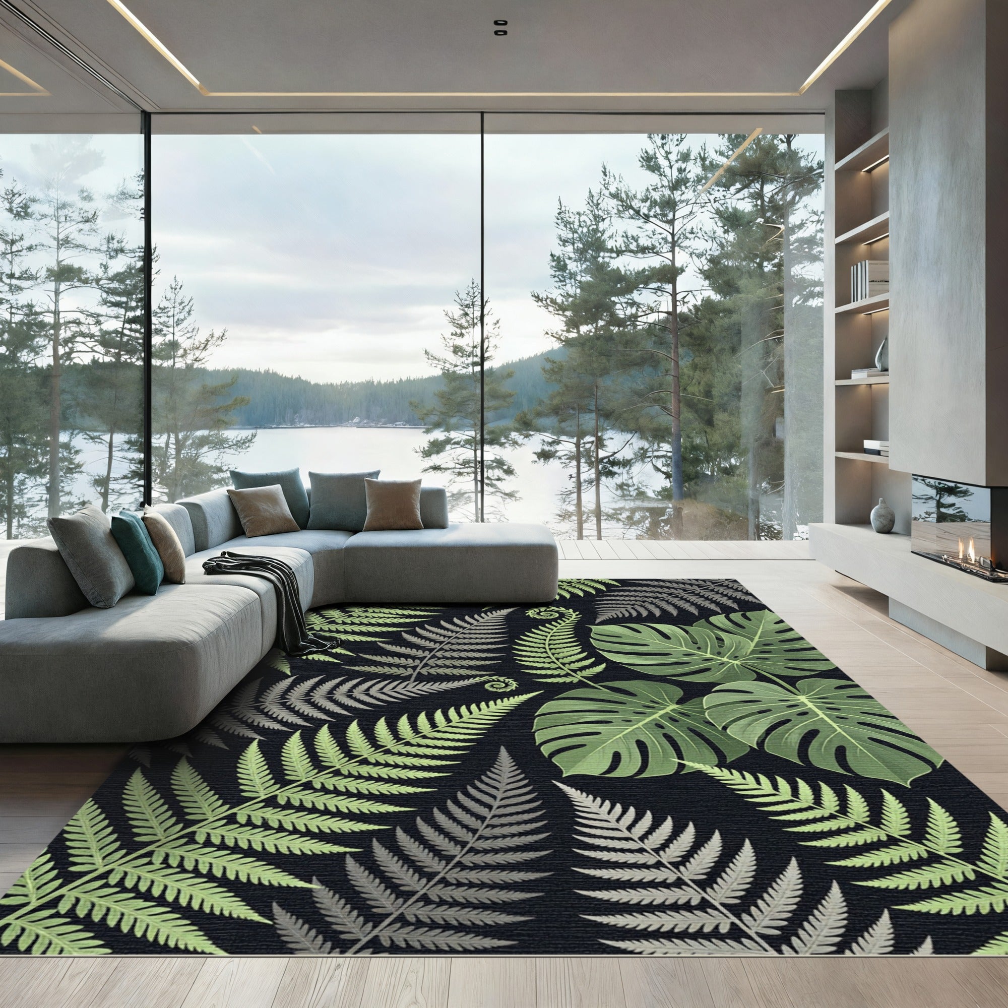 Green Fern Tropical Leaf Composition Rug
